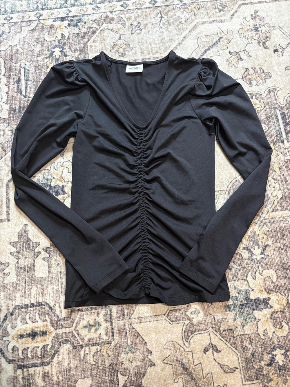 AWARE Black Ruched V-Neck Long Sleeve Top